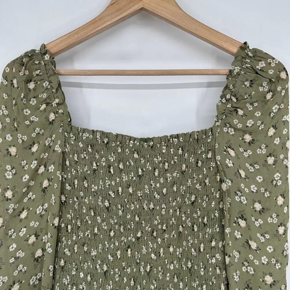 REFORMATION Pinto Top Floral Ruffle Square Neck Smocked Puff Sleeve Blouse